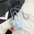 Light blue mini tote bag with white flower charm and silver lettering on textured PU leather - Blue with Pendant