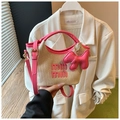 Straw basket handbag with pink trim and min min embroidery in natural yellow - Pink With Pendant