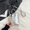 Chic silver metallic PU leather mini tote bag with flower charm and crossbody strap - Silver with Charm