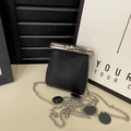 Mini black lychee pattern leather lipstick bag with silver chain and sphere clasp - Black