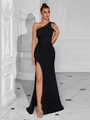 Robe de soirée noire élégante à une épaule avec détails plissés et fente haute latérale - L / Noir