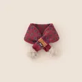 Sciarpa invernale a maglia bordeaux per bambini con motivi floreali e pompon in pelliccia - Stile Pom Pon Rosso Vino con Piccolo Jacquard Floreale