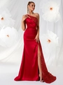 Détail d'une robe de soirée rouge à une épaule avec paillettes et fente latérale - XS / Rouge