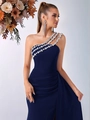 Élégante robe de soirée bleu marine à une épaule avec strass et taille plissée - XS / Bleu marine