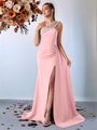 Abito da sera rosa monospalla con strass lucidi e silhouette aderente con spacco alto laterale - XS / Rosa