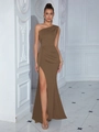 Detail of elegant one-shoulder brown evening dress with high slit and waist pleats - XS / Top And Bottom / Gray Brown