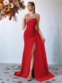 Elegante abito da sera rosso monospalla con spalline in strass e spacco laterale profondo - XS / Rosso
