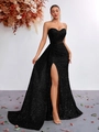 Elegantes schwarzes Pailletten-Abendkleid mit hohem Schlitz und transparentem Taillennetz - XS / Schwarz
