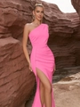 Elegant hot pink one-shoulder maxi dress with side slit for formal evening parties - XS / Top And Bottom / Bright Pink