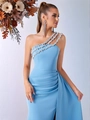 Elegante abito da sera celeste monospalla con paillettes argento e spacco laterale - XS / Celeste