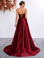 Elegante vestido de noche en satén rojo oscuro con espalda con cordones y cola larga - XS / Burdeos