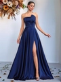 Elegante marineblauwe strapless avondjurk met hoge split en luxe satijnen glans - XS / Marineblauw