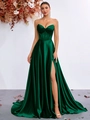 Elegante vestido de noche en satén verde oscuro con corsé en cintura y abertura alta - XS / Verde Oscuro