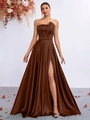 Elegant chocolate brown satin strapless dress with high slit and waist pleats - Brown