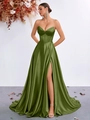 Elegante abito da sera in raso verde oliva con corpetto a stecche e spacco alto - XS / Verde militare