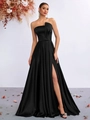 Elegante zwarte satijnen avondjurk met asymmetrische bustier en sexy hoge split - XS / Zwart