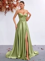 Vestido de noche elegante en satén verde oliva con corpiño de corsé y abertura lateral - XS / verde claro