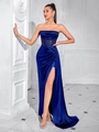 Elegantes königsblaues Satin-Abendkleid mit Korsett-Taille und hohem Beinschlitz Design - XS / Blau