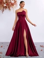 Elegante bordeauxrode strapless satijnen maxi-jurk met hoge split voor avondfeesten - XS / Bordeauxrood