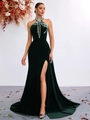 Elegante abito allacciato al collo in velluto verde smeraldo con strass e spacco alto - S / Verde Scuro