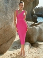 Fuchsia nauwsluitende midi-jurk met één schouder en transparante mesh-inzetstukken - S / Rozerood