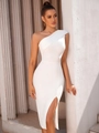 Elegant white one-shoulder bandage dress with a slim fit and stylish high side slit - XS / White