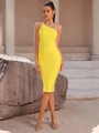 Elegant bright yellow one shoulder bodycon midi dress for parties and events - L / Yellow