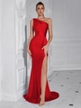 Elegantes rotes Ein-Schulter-Abendkleid mit hohem Schlitz und Satin-Raffung für Damen - XS / Rot