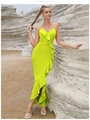 Detalle de las capas de volantes verde neón del vestido largo de fiesta sexy y elegante - S / Verde Fluorescente
