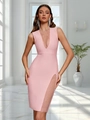 Robe bandage rose avec décolleté en V profond et détails en résille argentée - XS / Rose