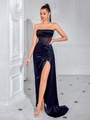 Elegante vestido de noche en satén azul medianoche con corsé y abertura lateral - XS / Azul marino
