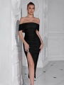 Detail view of black off-shoulder slim fit dress featuring a thigh-high side slit - XS / Black