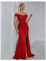 Elegante rode pailletten avondjurk met blote schouders en een hoge split voor feesten - S / Rood