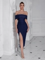 Detailed view of the navy blue off-shoulder midi dress featuring elegant ruched draping - Navy Blue