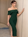 Robe bandage vert foncé à épaules dénudées avec bords festonnés et coupe ajustée - XS / Vert Foncé
