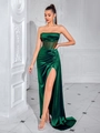 Emerald green strapless satin maxi dress with sheer boned corset and high slit detail - Dark Green