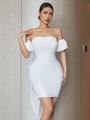 Elegantes weißes schulterfreies figurbetontes Kleid mit Puffärmeln und Schleife - XS / Weiß