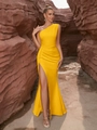 Elegant bright yellow one-shoulder evening gown with high slit and waist pleats - XS / Top And Bottom / Yellow