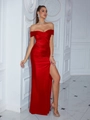 Elegant bright red off-the-shoulder satin maxi evening dress with a high side slit - Red