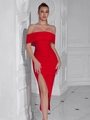 Detail of red off-shoulder slim dress featuring elegant waist pleats and a high side slit - Red