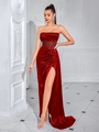 Eleganter dunkelroter Korsett-Abendkleid mit hohem Schlitz und Samttextur für Abendpartys - XS / Rot
