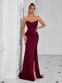 Elegantes burgunderrotes trägerloses Abendkleid mit Herzausschnitt und hohem Schlitz - L / Burgunderrot (Reißverschluss-Stil)