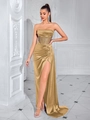 Elegant champagne satin corset evening gown with a high slit and strapless bodice - Gold