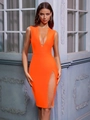 Robe moulante orange sans manches avec décolleté en V profond et détails en résille strass - XS / Orange