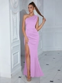 Elegant lavender one-shoulder evening gown with ruched waist and high side slit - M / Top And Bottom / Light Purple