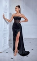 Elegantes schwarzes trägerloses Abendkleid aus Satin mit Korsett-Taille und hohem Schlitz - XS / Schwarz