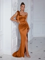 Elegant rust satin one-shoulder evening gown with corset bodice and high slit detail - Tan