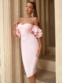 Chic pink bodycon bandage dress with off-shoulder ruffle sleeves for party evening wear - L / Pink