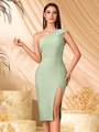 Slim fit light mint green one-shoulder bandage dress with side slit for cocktail parties - XS / Emerald Green