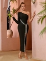 Elegante zwarte one-shoulder bandage maxi-jurk met zilveren lovertjes en hoge split - S / Zwart
